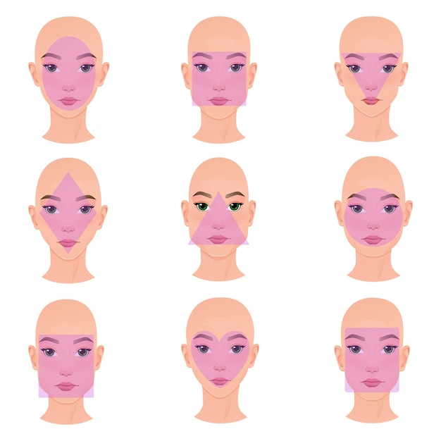 Vector set van verschillende soorten vrouwelijk gezicht ovaal vierkant ronde driehoek vormen verschillende vormen mooi w