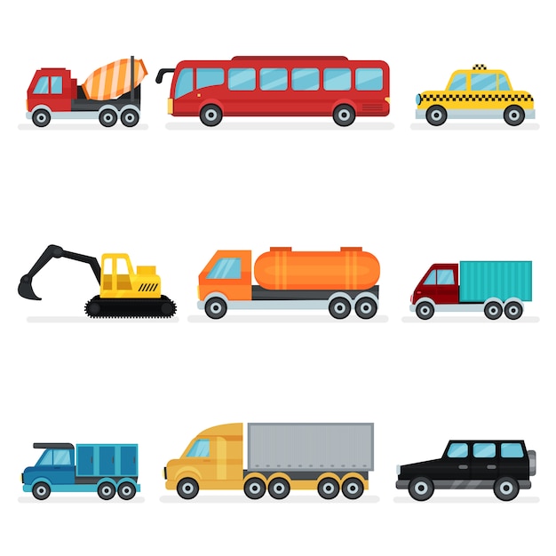 Vector set van verschillende stadsvervoer. motorvoertuigen voor passagiers, industriële machines en dienstauto's