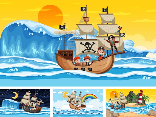 Set van verschillende strandtaferelen met piratenschip en piraten stripfiguur