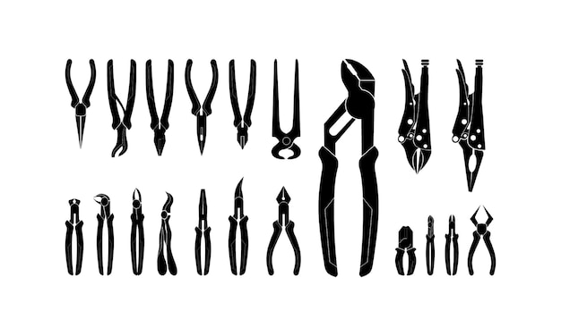Set van verschillende tangen, tangen en tangen silhouet vectorillustratie