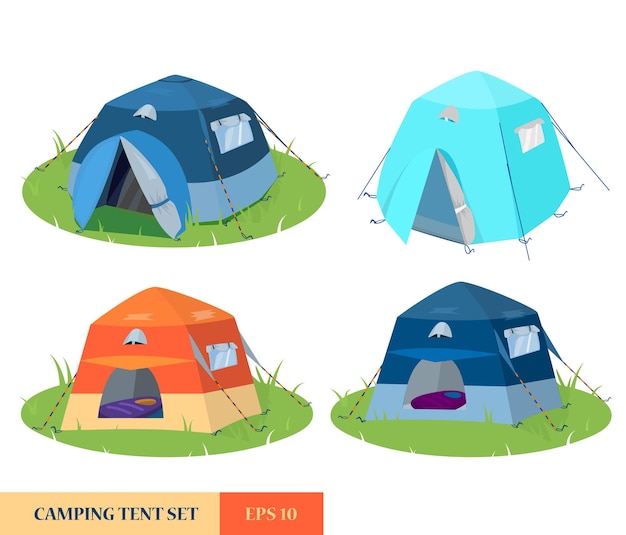 Set van verschillende tenten vanuit verschillende invalshoeken. camping tenten op open plek.