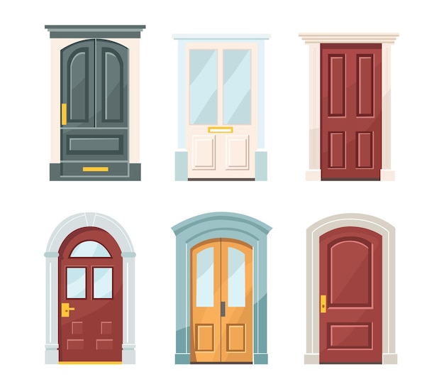 Set van verschillende toegangsdeuren naar een huis of gebouw in een vlakke stijl Geïsoleerde vectorillustratie voor ontwerp en decoratie