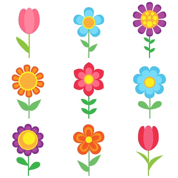 Set van verschillende vector bloemen. Heldere en kleurrijke bloempictogrammen