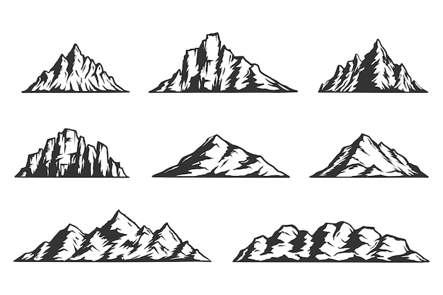 Vector set van verschillende vintage zwart-wit bergen.