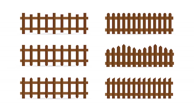 set van verschillende vormen landelijke houten hekken. Geïsoleerde gedetailleerde elementen voor het ontwerp van de tuinillustratie