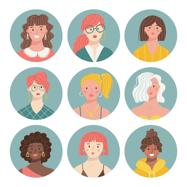 Set van verschillende vrouwelijke mensen avatars collectie van kleurrijke gebruikersportretten in kringen vrouwen karakter