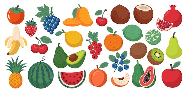 Set van verschillende vruchten en bessen verzameling van organische vitaminen en gezonde voeding geïsoleerd op