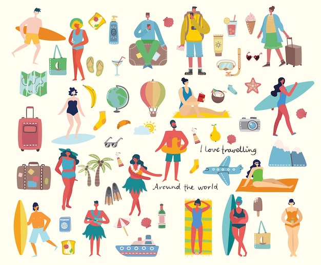 Vector set van verschillende zomer reizen mensen en pictogrammen in de platte stye