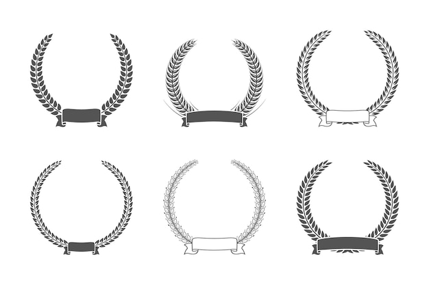 Set van verschillende zwart-wit silhouet circulaire laurier foliate. Sjabloon voor onderscheiding, prestatie, heraldiek, adel. Vector illustratie.