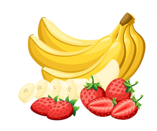 Set van verse aardbeien en bananen in stukjes gesneden met de verschillende partijen cartoon heldere fruit illustratie op witte achtergrond webpagina en mobiele app