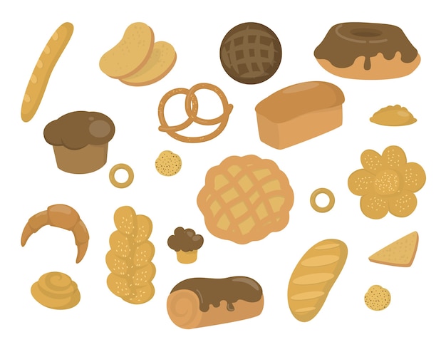 Set van verse bakkerijproducten. Brood, koekjes, stokbrood en ander gebak. illustratie in cartoon-stijl
