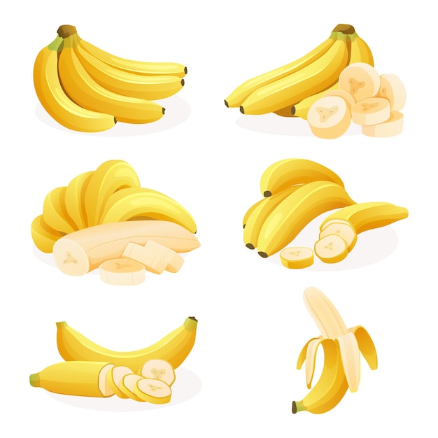 Set van verse bananentrossen enkele schil en gesneden plak illustratie geïsoleerd op een witte achtergrond