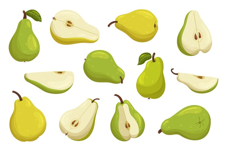 Vector set van verse en smakelijke peren zoete sappige en rijpe peren van gele of groene kleuren hele en gesneden vruchten om te eten