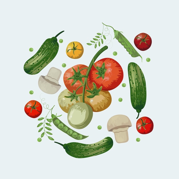 Set van verse groenten Illustratie met penseeltextuur Vector naadloos patroon met tomaten komkommer grean erwten champignons Kleurrijk helder ontwerp met geïsoleerde vegetebles elementen
