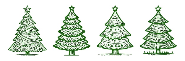 Set van versierde kerstboom lijnkunst vector illustratie ai generatief