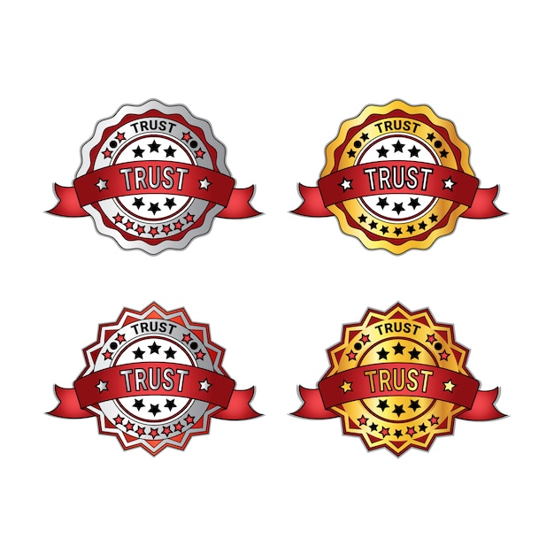 Set van vertrouwen badges met rode linten garantie emblemen geïsoleerd