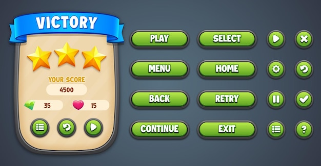 Set van Victory menu pop-ups iconen en knoppen met bewerkbare tekst effect Vector spel groene UI kit