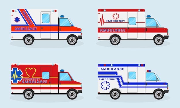 Set van vier ambulance-auto's. ambulance auto zijaanzicht. medische hulpdienst voertuig.