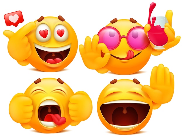 Set van vier gele cartoon emoji-tekens in verschillende situaties.