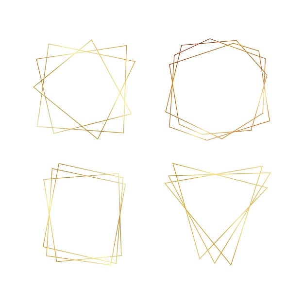Set van vier gouden geometrische veelhoekige frames met glanzende effecten geïsoleerd op een witte achtergrond. Lege gloeiende art deco achtergrond. Vector illustratie.