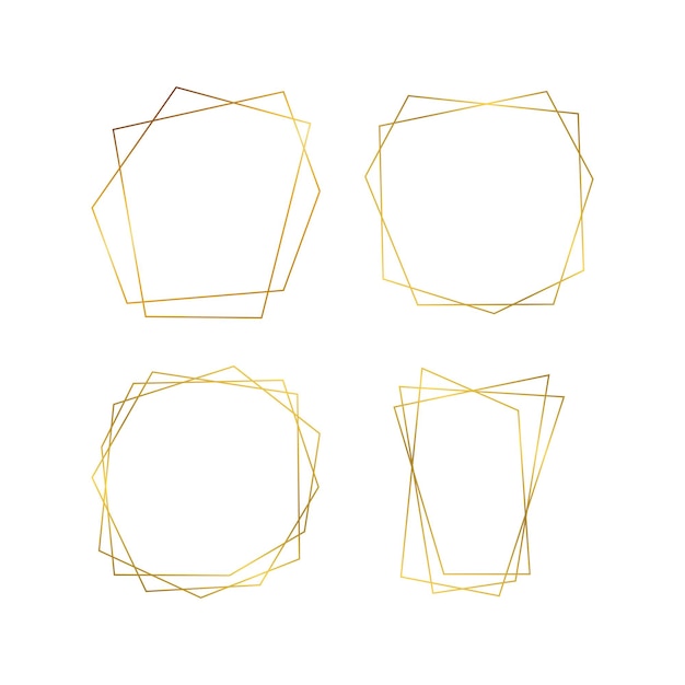 Vector set van vier gouden geometrische veelhoekige frames met glanzende effecten geïsoleerd op een witte achtergrond. lege gloeiende art deco achtergrond. vector illustratie.