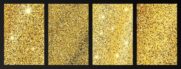 Set van vier gouden glinsterende achtergronden met gouden glitters en glittereffect. Verhalen banner ontwerp. Lege ruimte voor uw tekst. vector illustratie