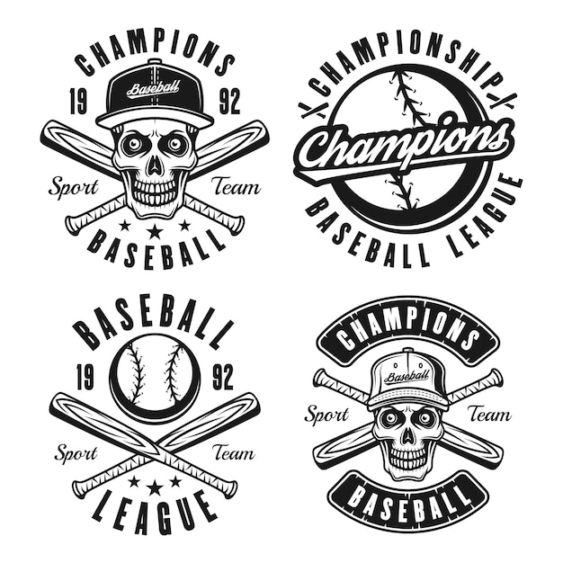 Set van vier honkbal vector zwarte emblemen, badges, etiketten of t-shirt wordt afgedrukt in vintage stijl geïsoleerd op een witte achtergrond