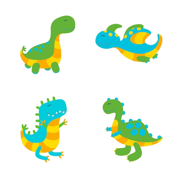 Set van vier kleurrijke dinosaurussen op witte achtergrond. vectorillustratie in schattige vlakke stijl