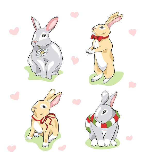 Set van vier konijnen die verschillende outfits dragen