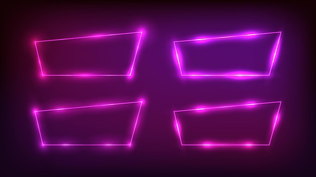 Set van vier neon trapeziumvormige frames met glanzende effecten op donkere achtergrond. Lege gloeiende techno achtergrond. Vector illustratie.