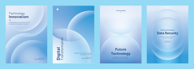 Set van vier posters met een data-technologie-thema die digitale data-analyse en innovatie toont Set van postermodellen in blauw met abstract ontwerp Set van vectormodellen voor posters