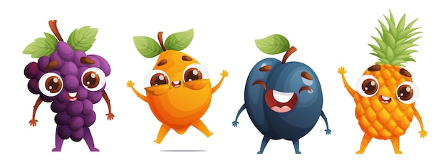 Vector set van vier schattige fruit personages kleine gelukkige druiven citroen pruim en ananas dynamische poses kleurrijke gedetailleerde cartoon stijl vector