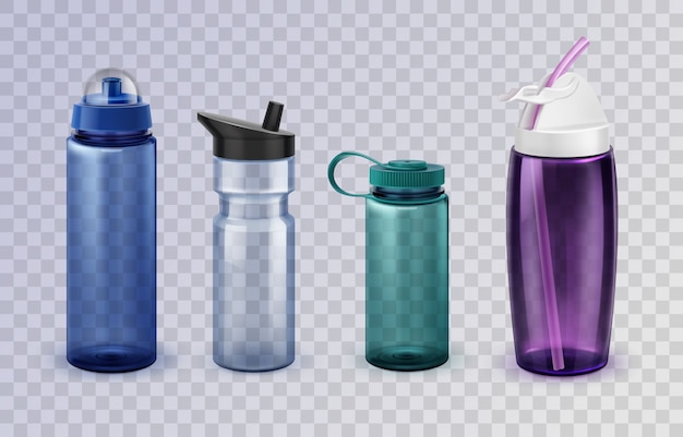 Set van vier variaties van sport- en fitnessglas en plastic flessen voor water