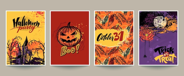 Set van vier vector halloween premade kaarten of posters met handgetekende elementen en abstracte textuur