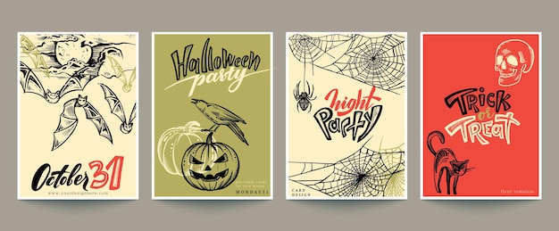 Set van vier vector Halloween premade kaarten of posters met handgetekende elementen en abstracte textuur