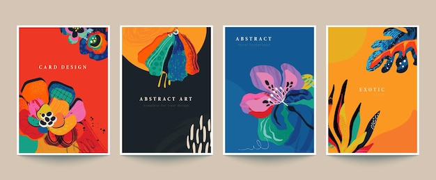 Set van vier vector premade kaarten of posters in moderne abstracte stijl met natuurmotieven bloemen bladeren en met de hand getekende textuur