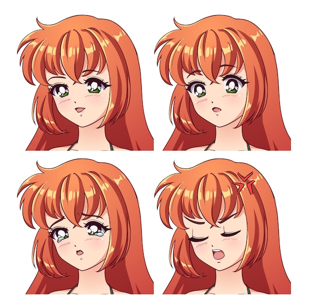 Set van vier verschillende anime-emoties. Boos, verdrietig en blij. Meisje met rood haar en grote anime groene ogen