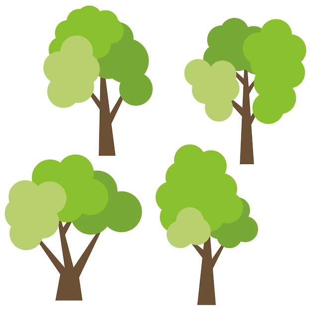 Set van vier verschillende cartoon groene bomen geïsoleerd op een witte achtergrond. vector illustratie