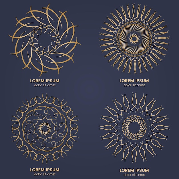 Set van vier vintage geometrische cirkelvormige elementen. Vector gouden monogram op donkerblauwe achtergrond. vector illustratie