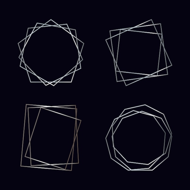 Set van vier zilveren geometrische veelhoekige frames met glanzende effecten geïsoleerd op donkere achtergrond Lege gloeiende art deco achtergrond Vectorillustratie