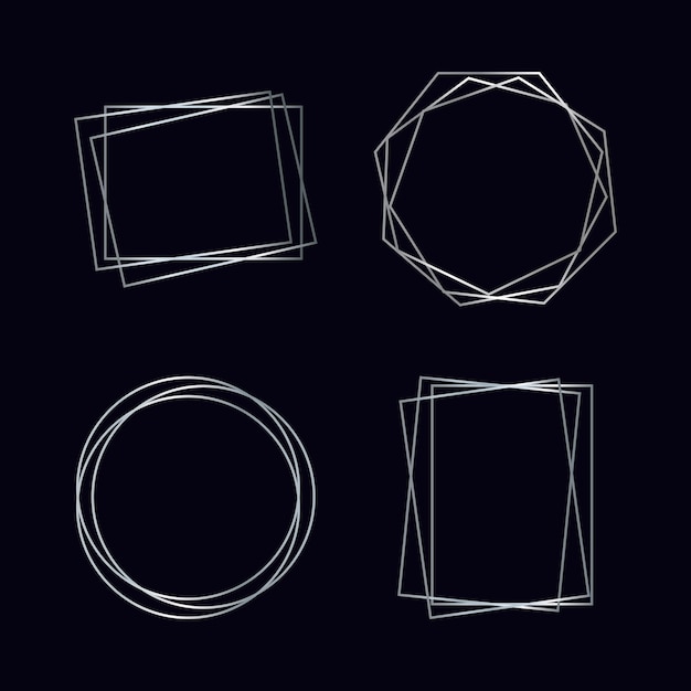 Set van vier zilveren geometrische veelhoekige frames met glanzende effecten geïsoleerd op donkere achtergrond Lege gloeiende art deco achtergrond Vectorillustratie