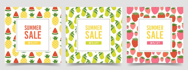 Set van vierkante banner sjablonen Zomer Sale promotie tropisch fruit ontwerppatroon voor markt winkel