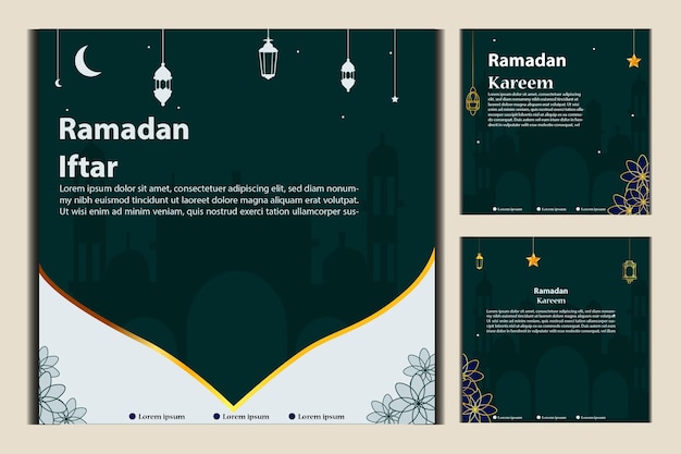 Set van vierkante sociale media postsjabloon in groen wit en goud met lantaarnontwerp Ramadan