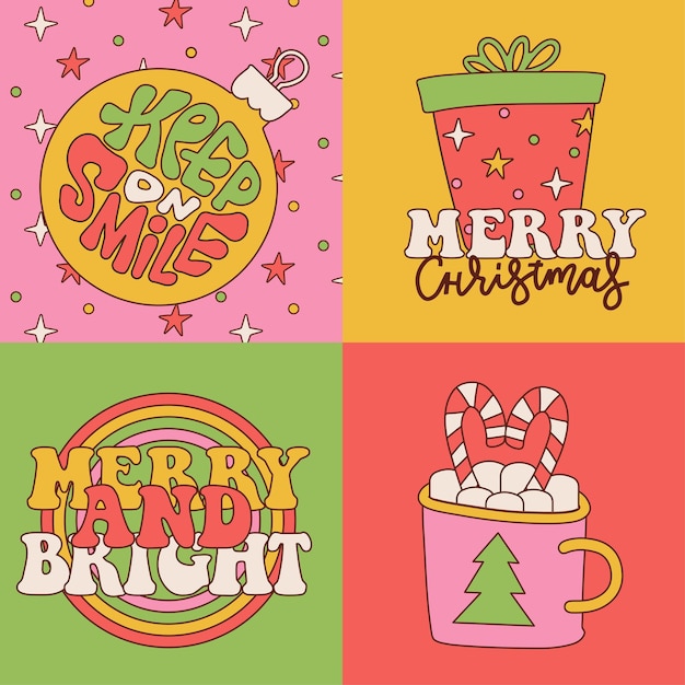 Vector set van vierkante wenskaarten voor retro kerstmis en nieuwjaar groovy regenboog- en stervormen met inf