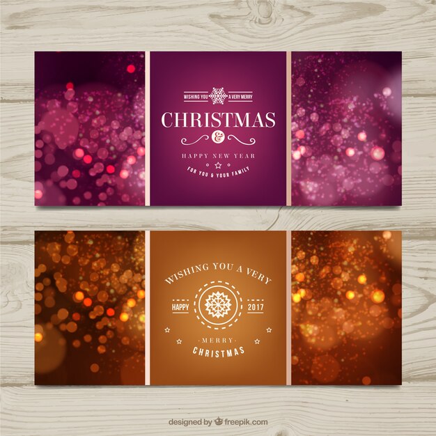 Vector set van vintage kerstkaarten in bokeh effect