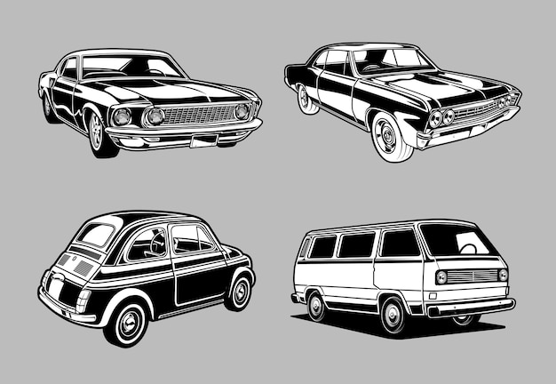 Set van Vintage muscle- en klassieke auto's in zwart-witRetro-stijl auto's