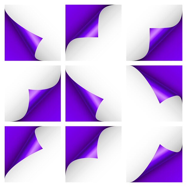 Set van violet papier krullen gekrulde pagina hoek met schaduw blank vel papier kleurrijke glanzende folie