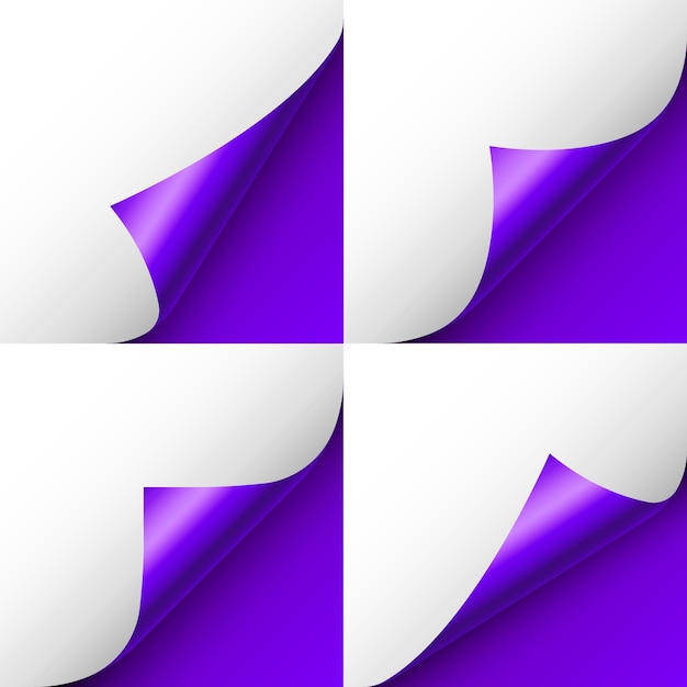 Vector set van violet papier krullen gekrulde pagina hoek met schaduw blank vel papier kleurrijke glanzende folie