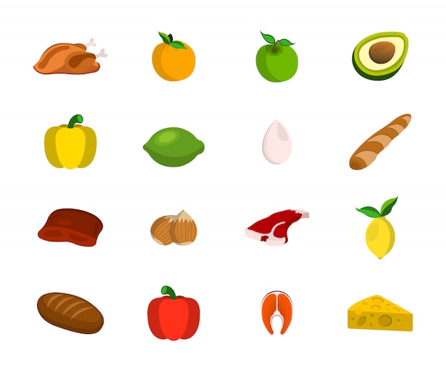 Set van vlees, fruit, noten en groenten. Voedsel pictogram. Cartoon vectorillustratie.