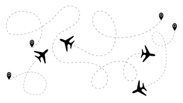 Set van vliegtuig lijn Zwarte pictogrammen toerisme of reizen op witte achtergrond Vectorillustratie